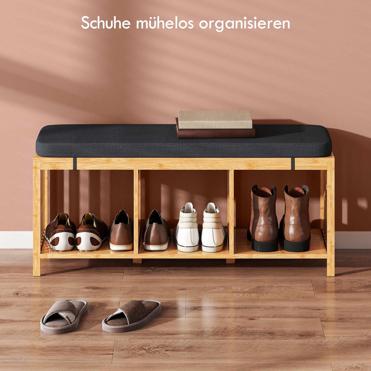Bamboo Shoe Bench with Cushion, Open Storage, 220kg Capacity