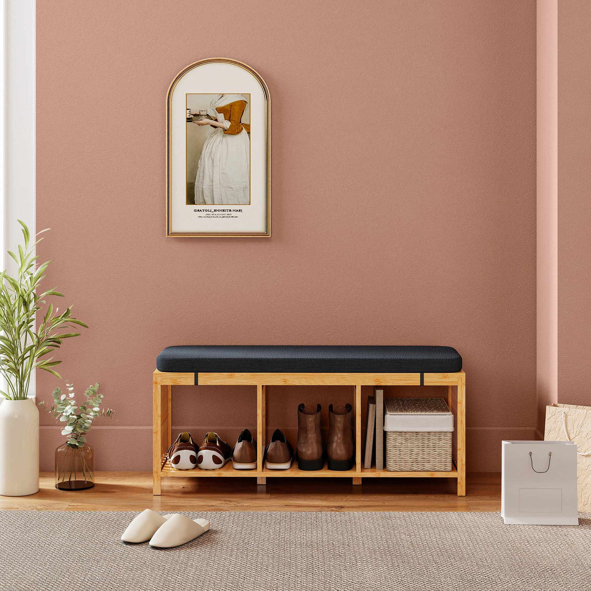 Bamboo Shoe Bench with Cushion, Open Storage, 220kg Capacity