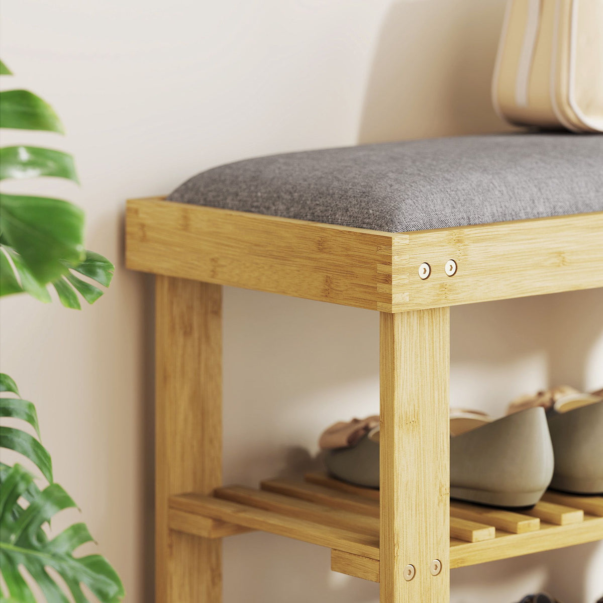 Bamboo Shoe Bench with Storage, 2 Shelves, 60x29x49 cm, Grey