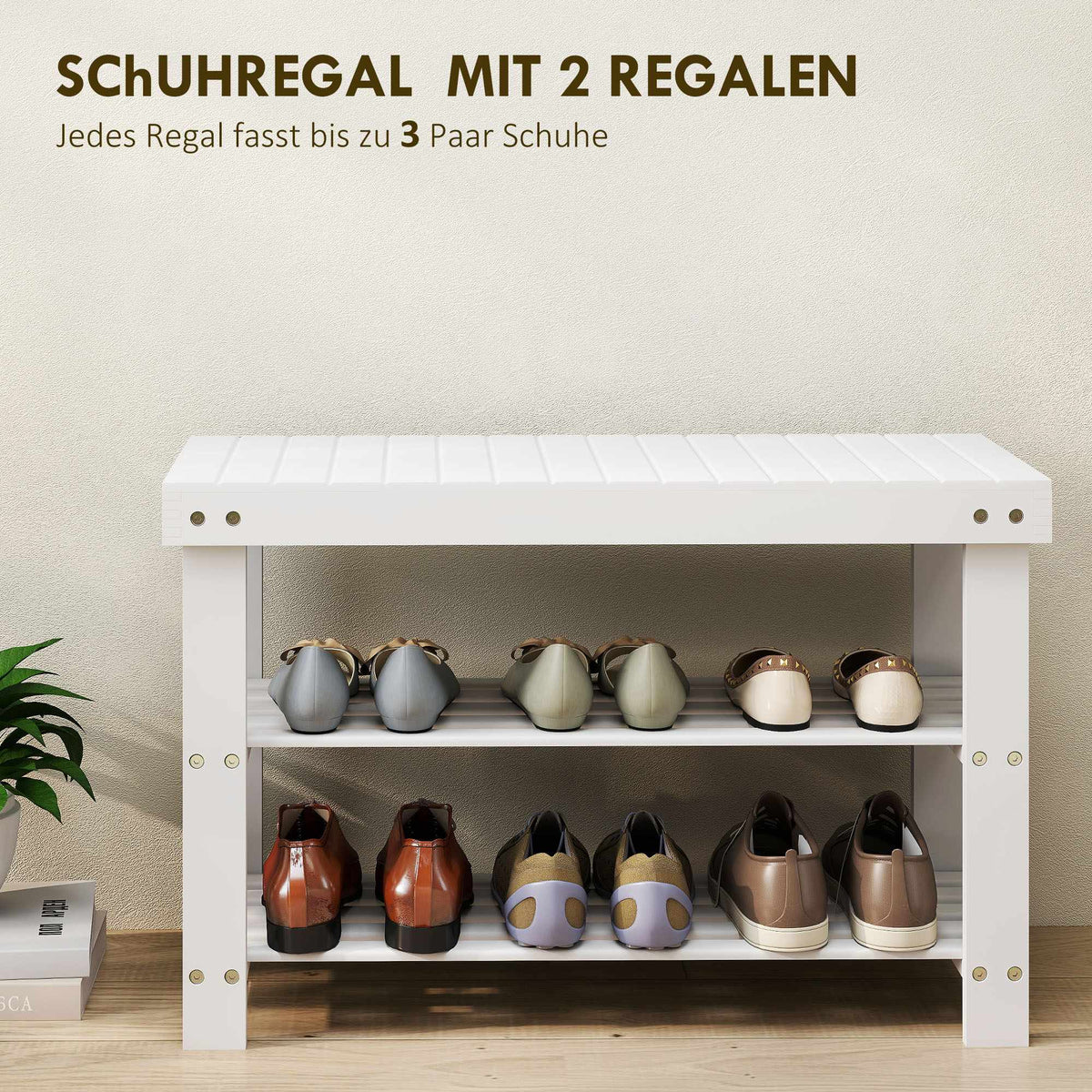 Bamboo Shoe Bench with Storage, 2 Shelves, 70x28x45 cm, White