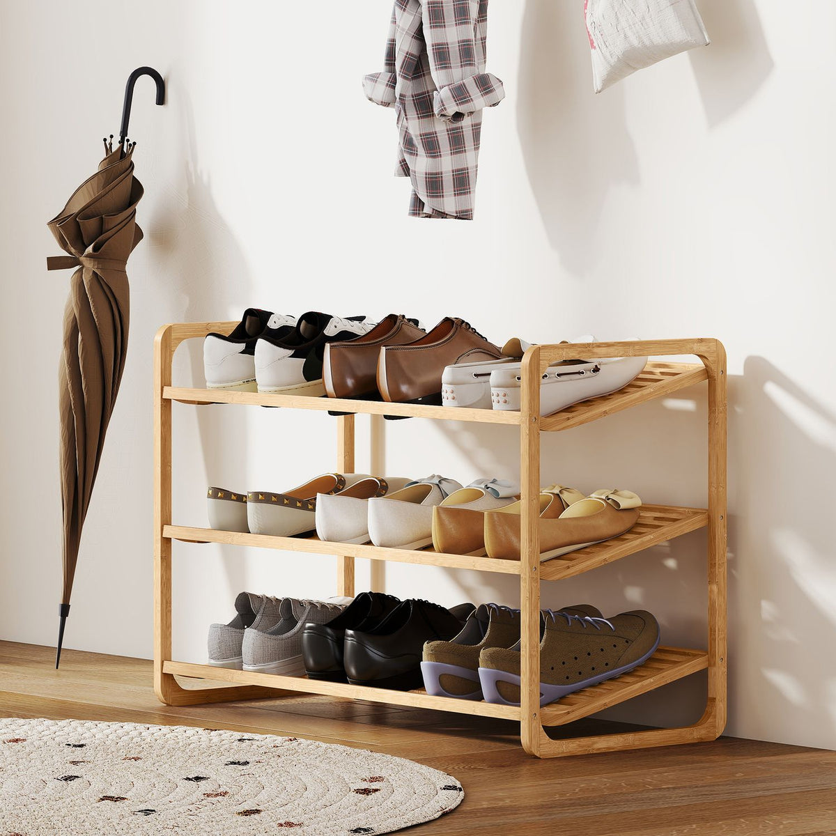 Bamboo Shoe Rack, 3-Tier, 30 kg Capacity, Natural Wood