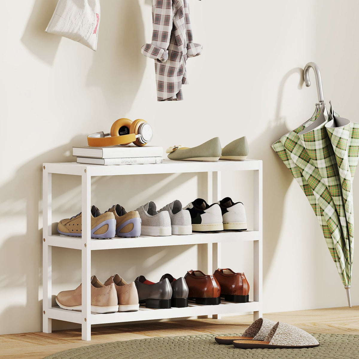 Bamboo Shoe Rack, 3-Tier, White Finish, 70x26x55 cm