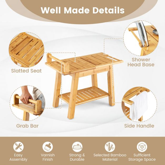 Bamboo Shower Bench with Shelf, 60 x 30 cm, 150 kg
