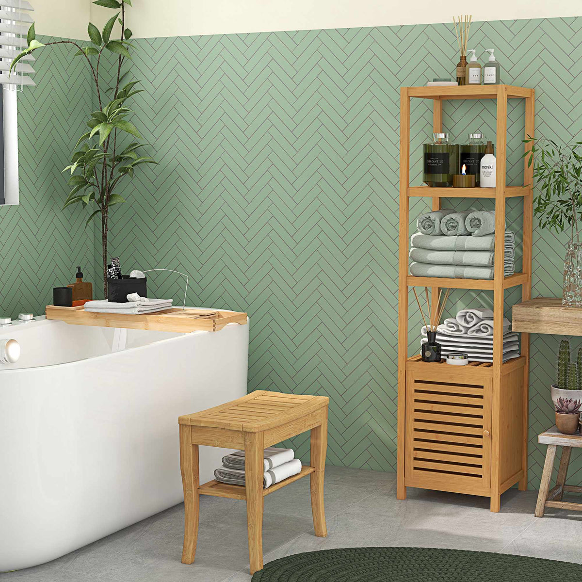 Bamboo Shower Bench with Storage Shelf, Water-Resistant