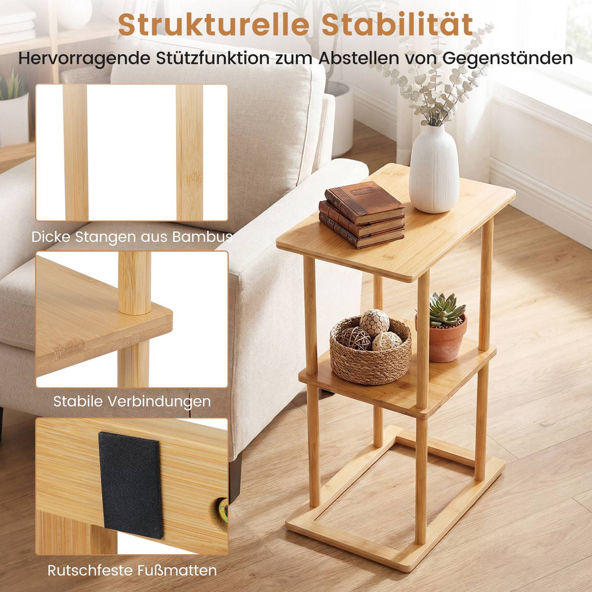 Bamboo Side Table Set with Shelves, 40x28x65 cm