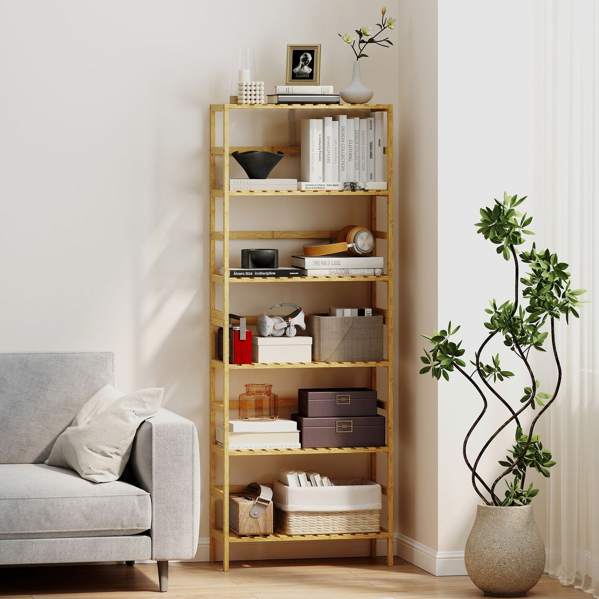 Bamboo Storage Shelf, 6 Adjustable Levels, Freestanding