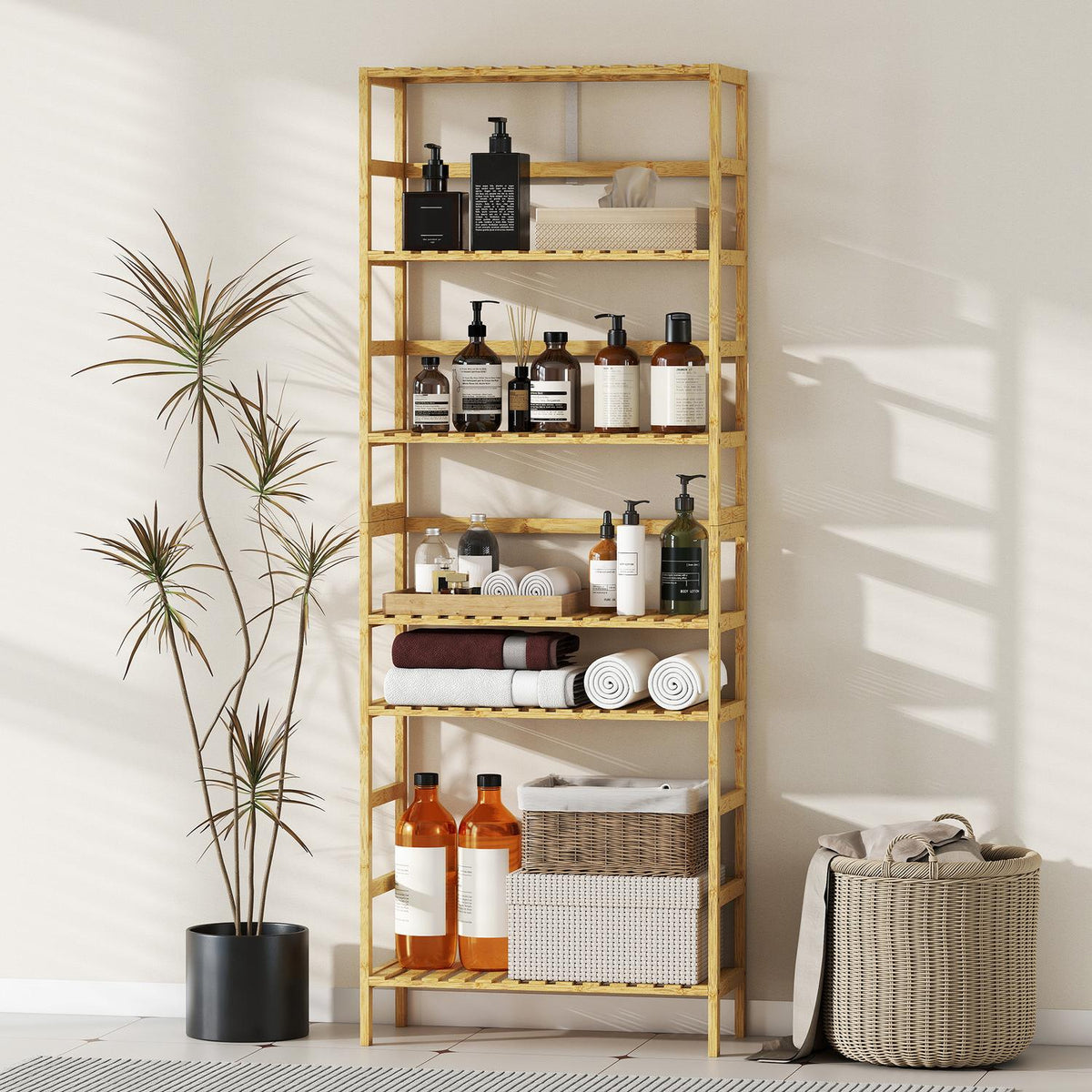 Bamboo Storage Shelf, 6 Adjustable Levels, Freestanding