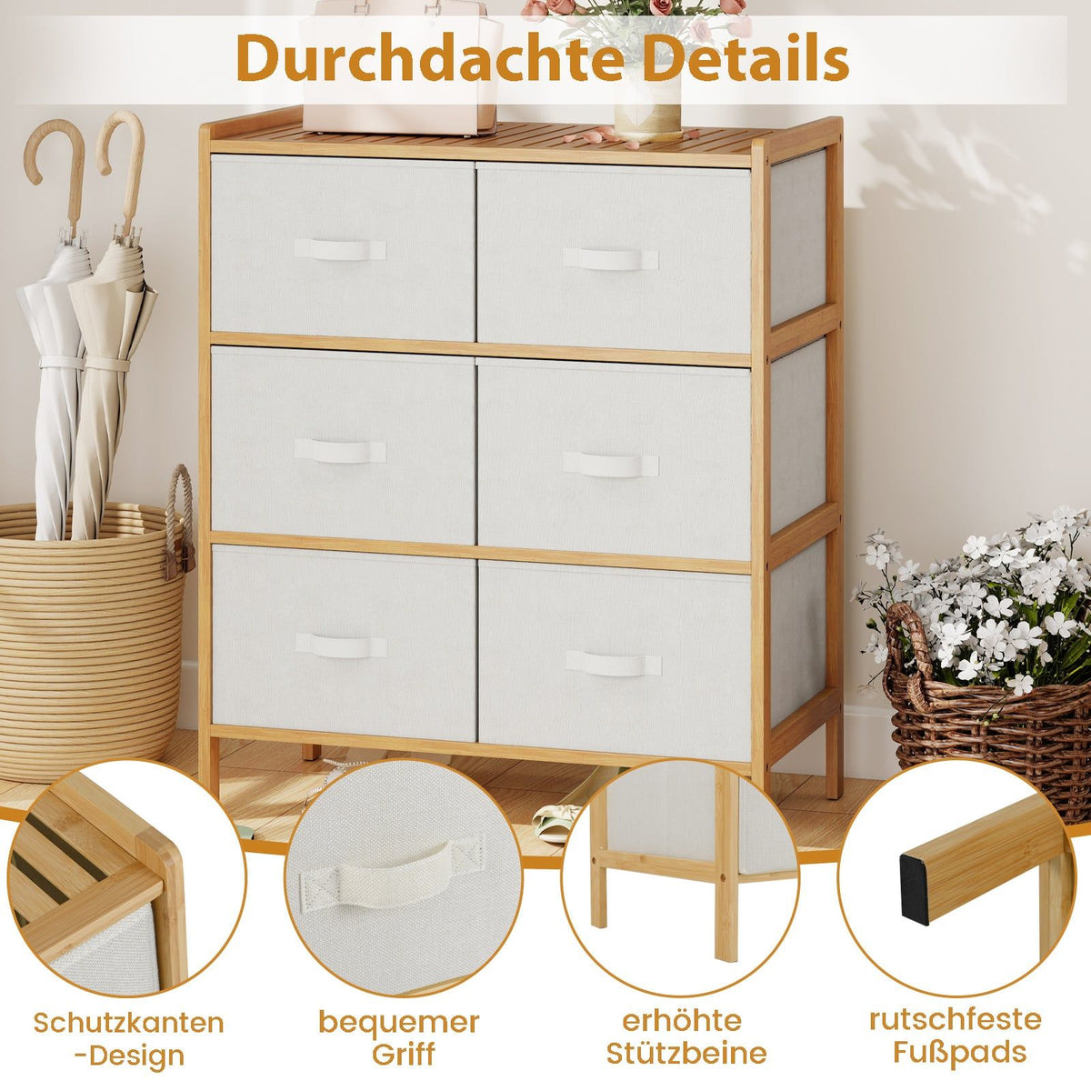 Bamboo Storage Tower with 6 Fabric Drawers & Shelf