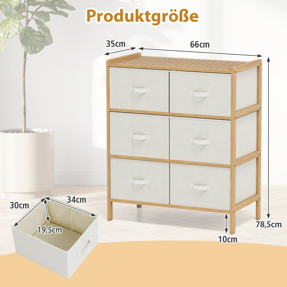 Bamboo Storage Tower with 6 Fabric Drawers & Shelf