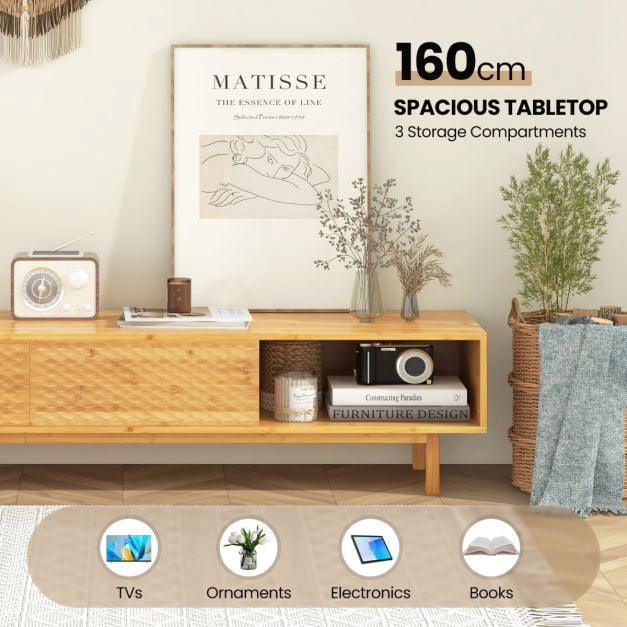 Bamboo TV Stand 63 Inch, Sliding Doors, Cable Hole
