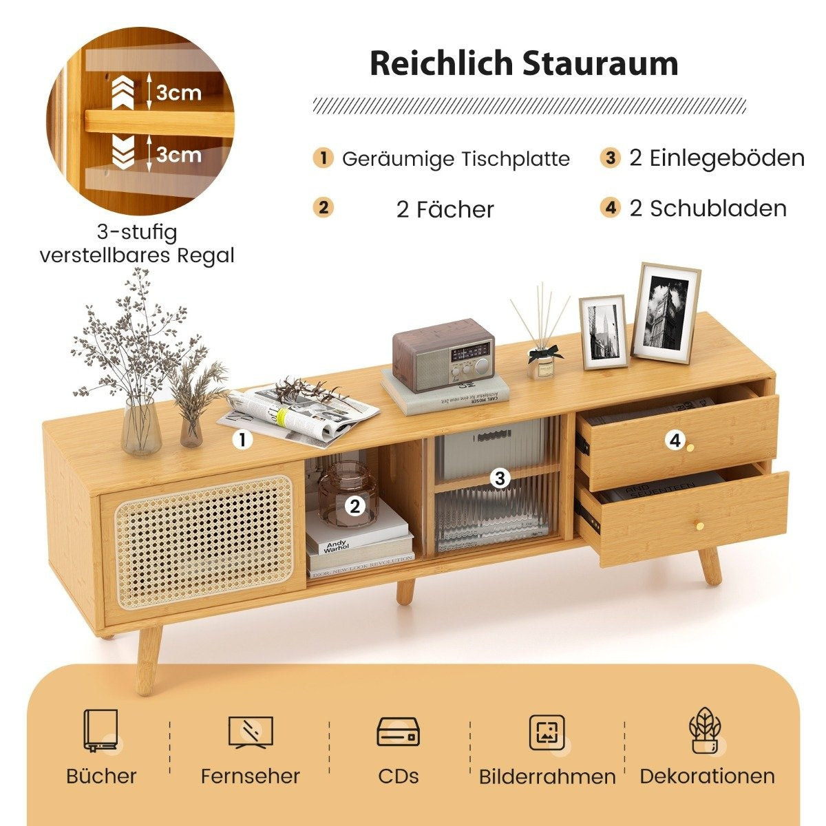 Bamboo TV stand for TVs up to 65 "TV console in mid-century modern style 140 x 31 x 45.5 cm natural