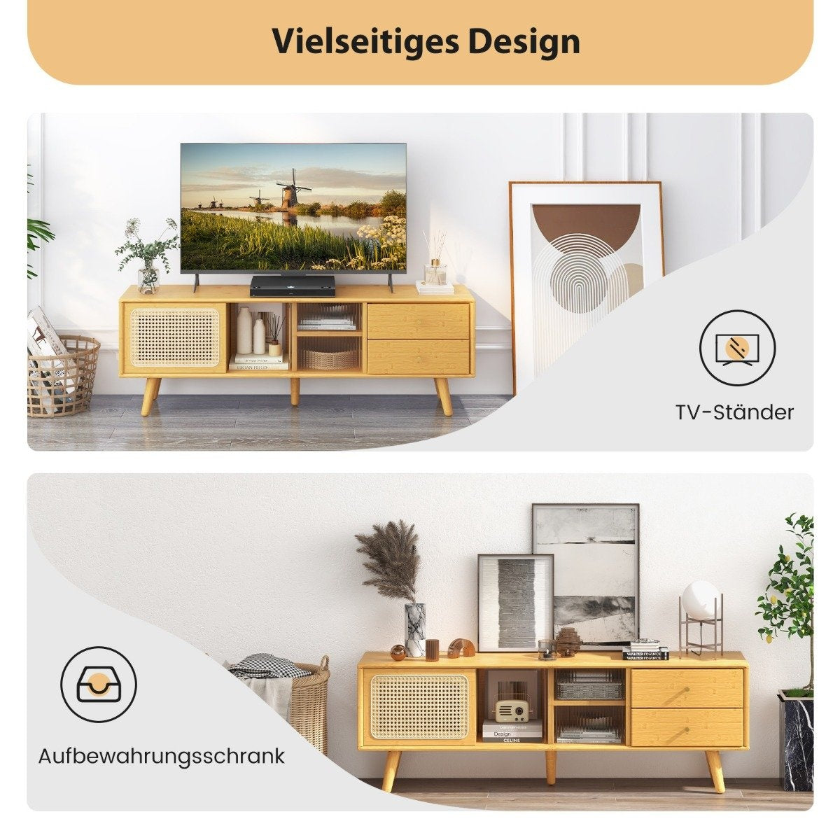 Bamboo TV stand for TVs up to 65 "TV console in mid-century modern style 140 x 31 x 45.5 cm natural