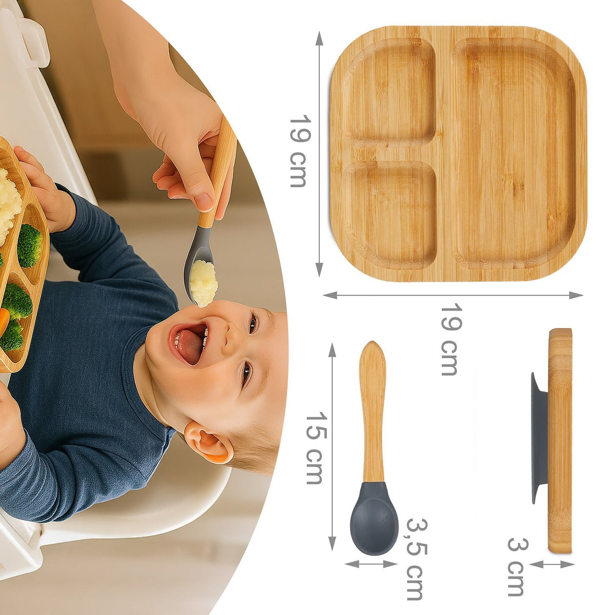 Bamboo Toddler Plate with Spoon – Non-Slip, 3 Compartments