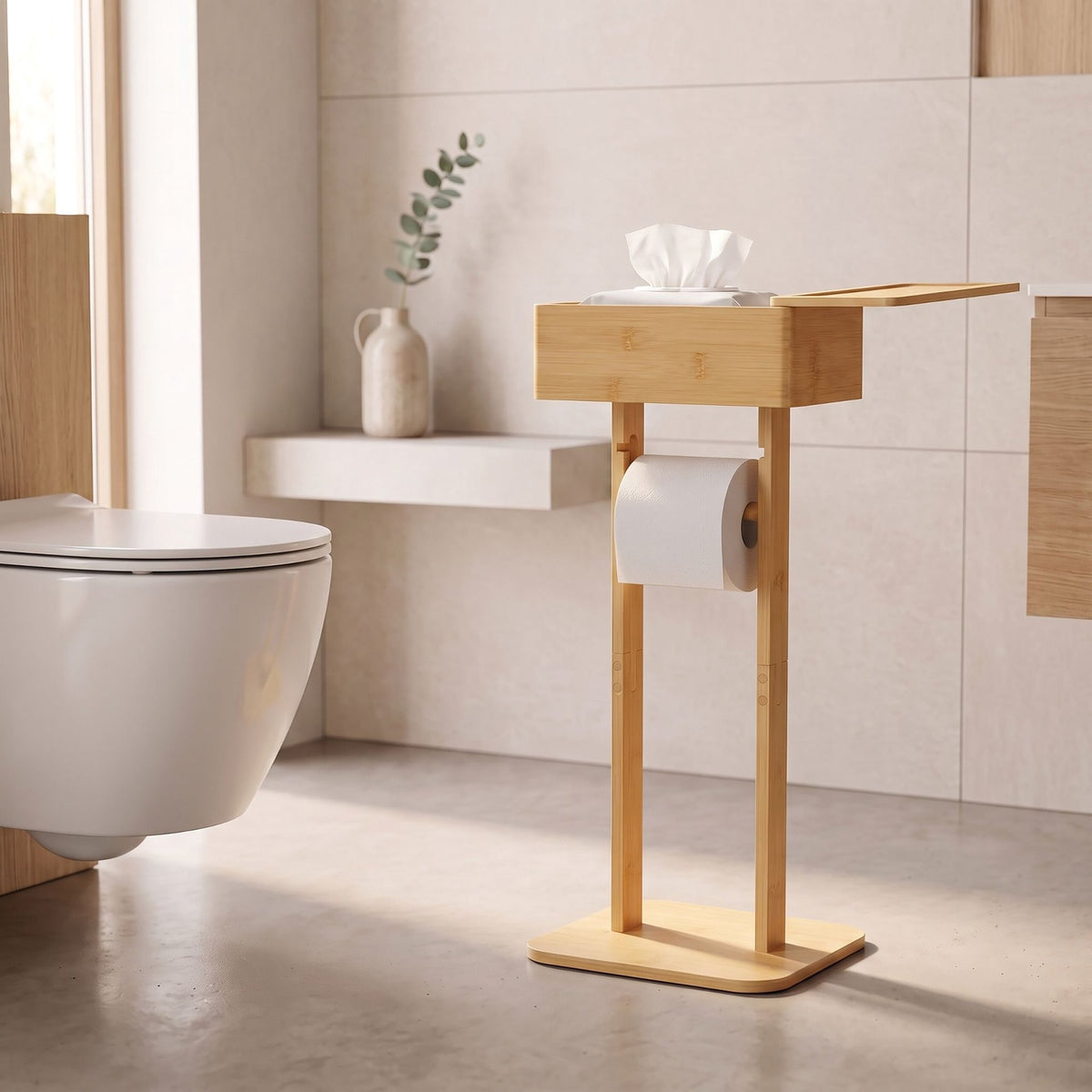 Bamboo Toilet Roll Holder with Storage Shelf and Smartphone Stand