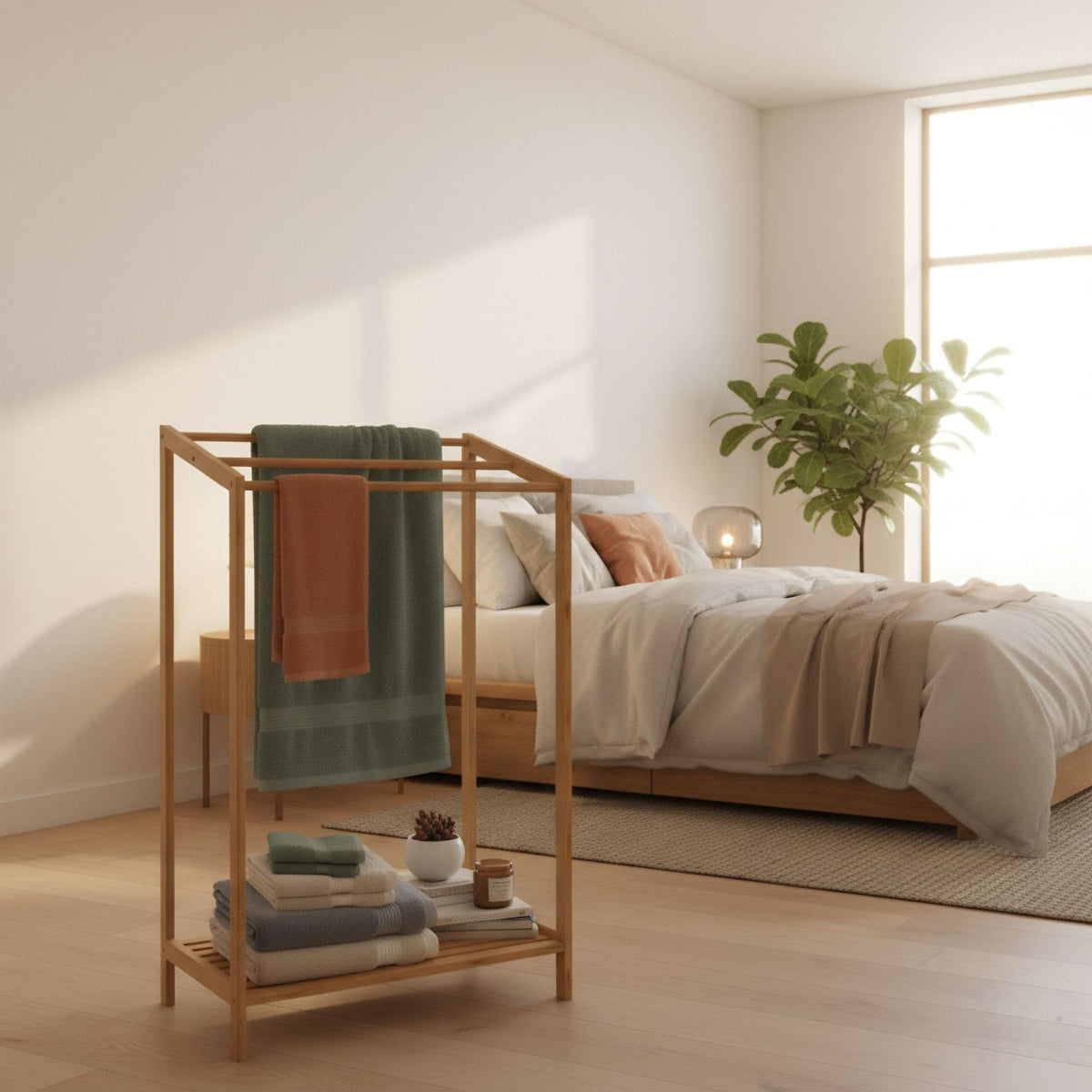 Bamboo Towel Rack with 3 Bars and Shelf
