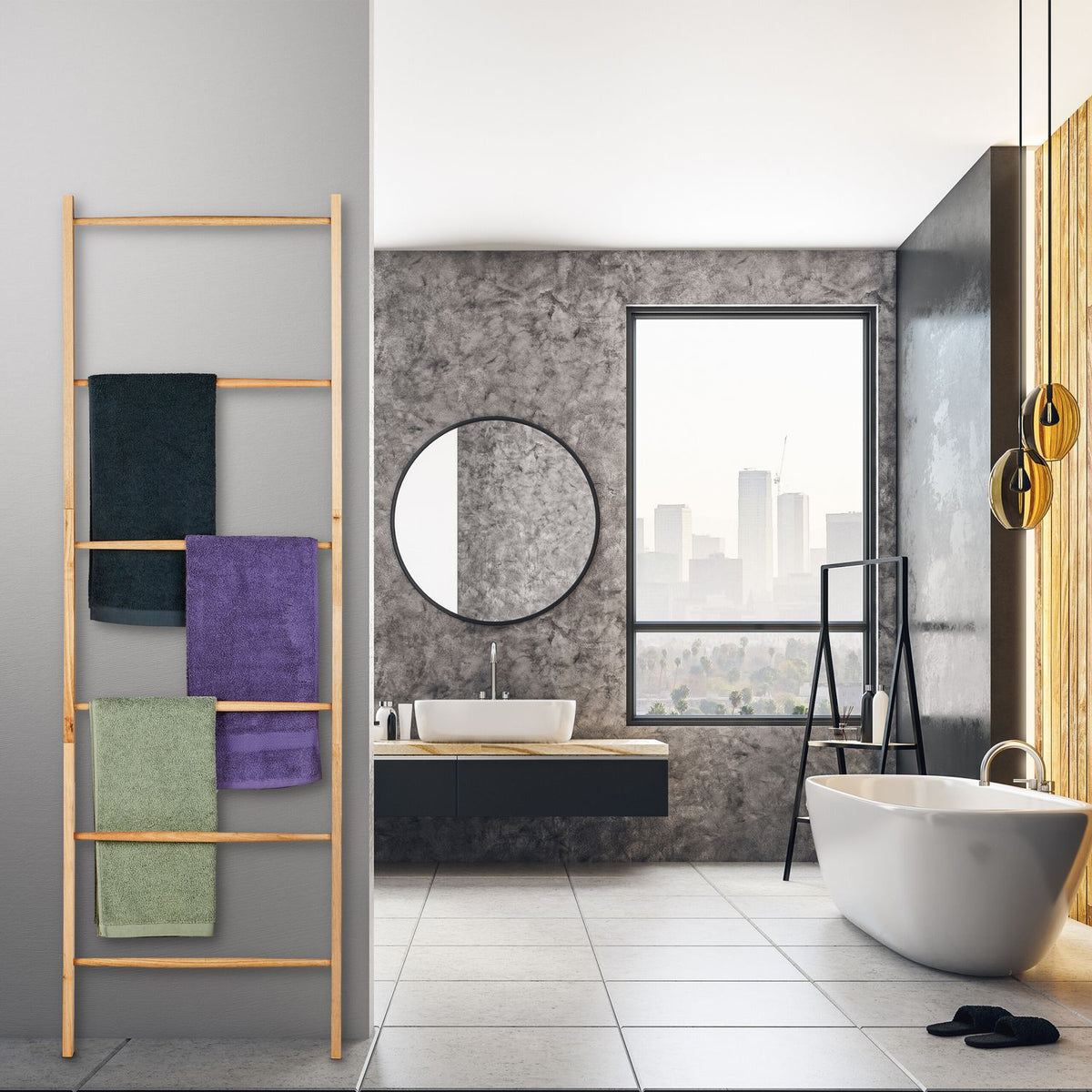 Bamboo Towel Stand with 6 Bars and 2 Shelves