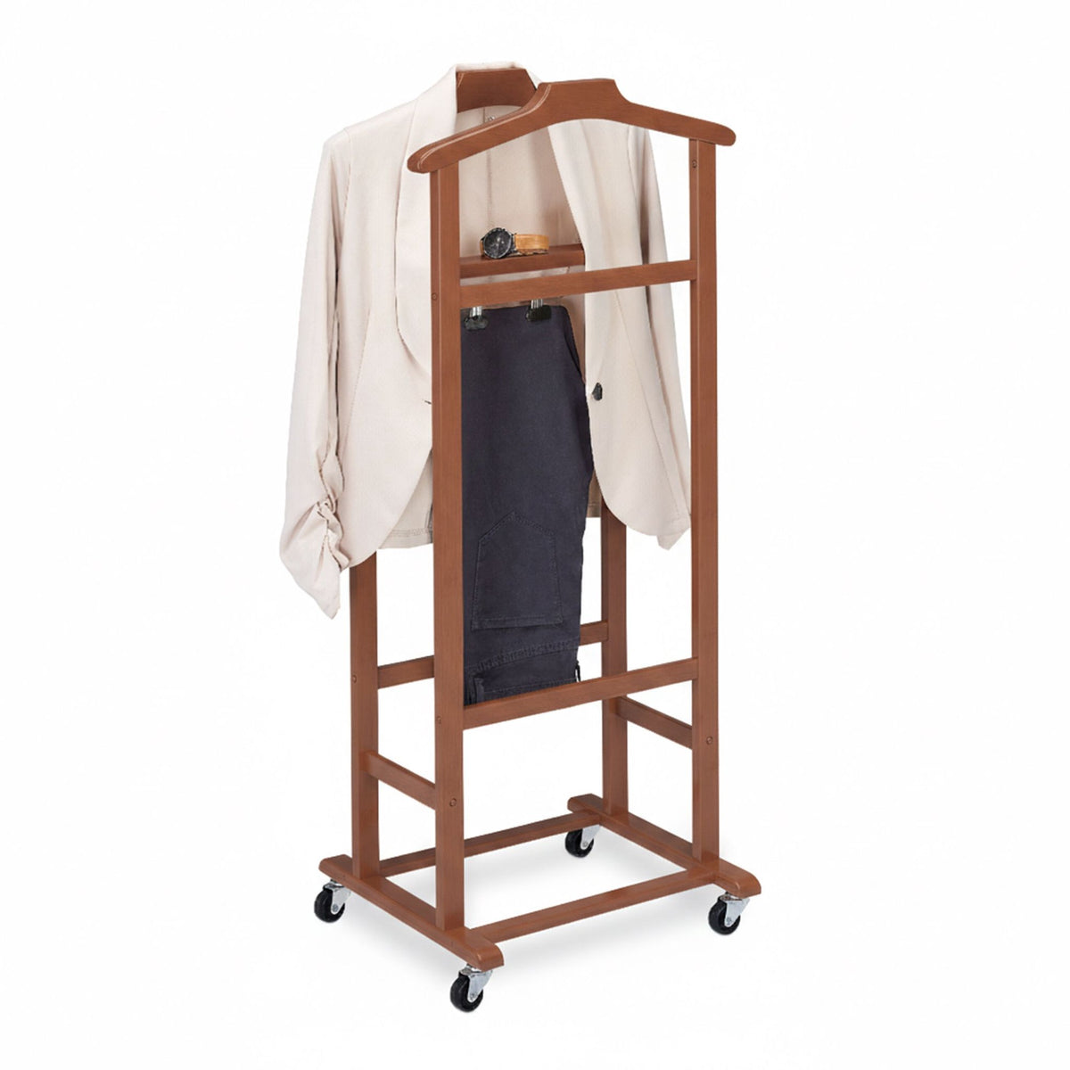 Bamboo Valet Stand with Hangers and Castors