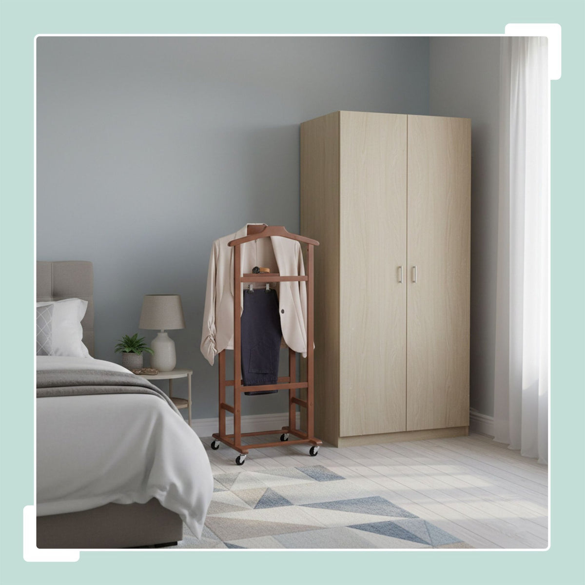 Bamboo Valet Stand with Hangers and Castors