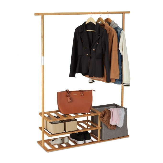 Bamboo clothes hanger with shelves