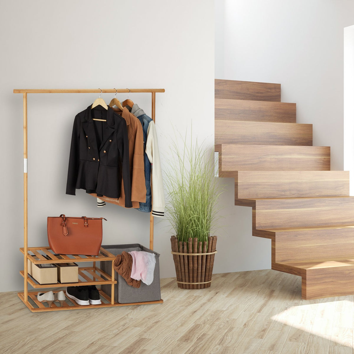Bamboo clothes hanger with shelves