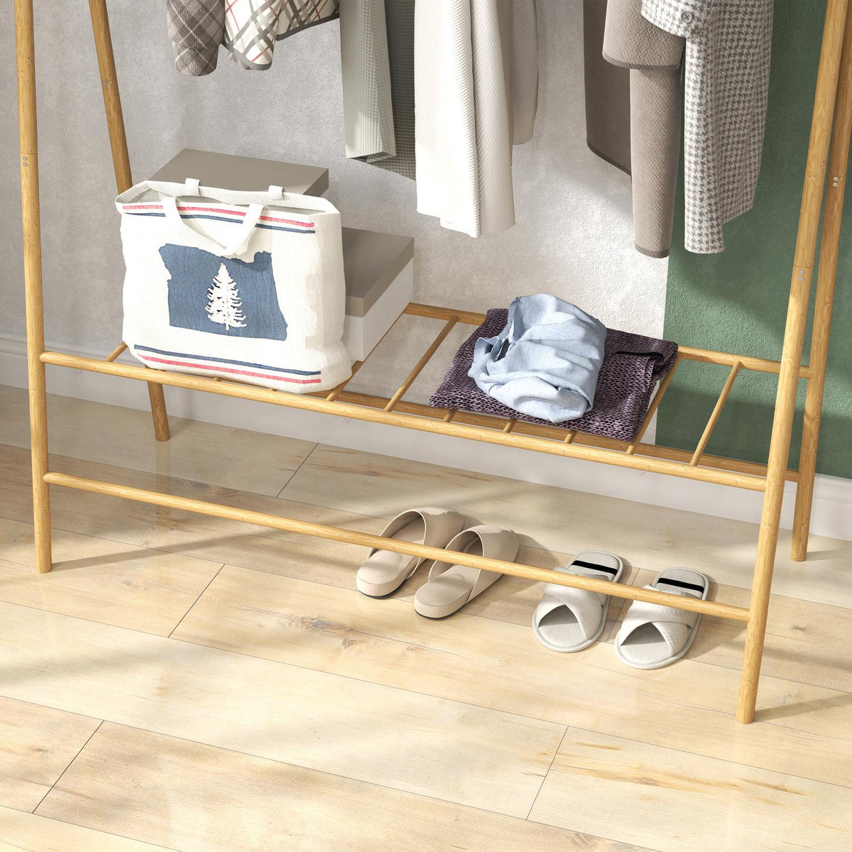 Bamboo coat rack, clothes rack with shelves and hooks, clothes rack with clothes rail, for hallway, living room, bedroom, 116 x 43.5 x 160 cm, natural wood
