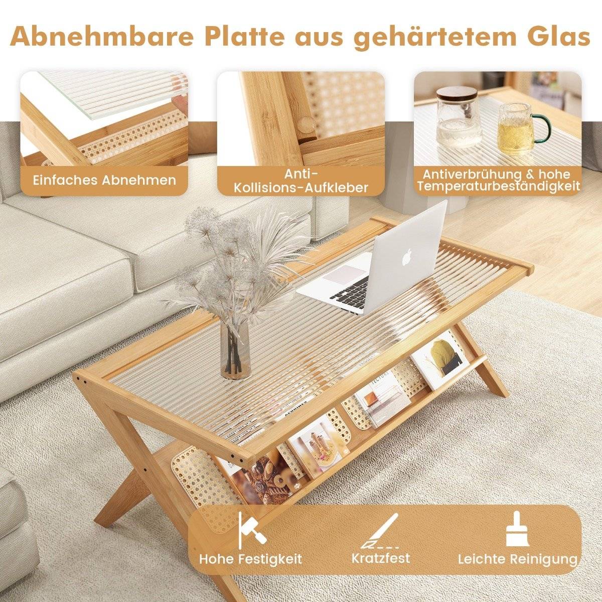 Bamboo coffee table 120 cm 2-tier rectangular coffee table natural