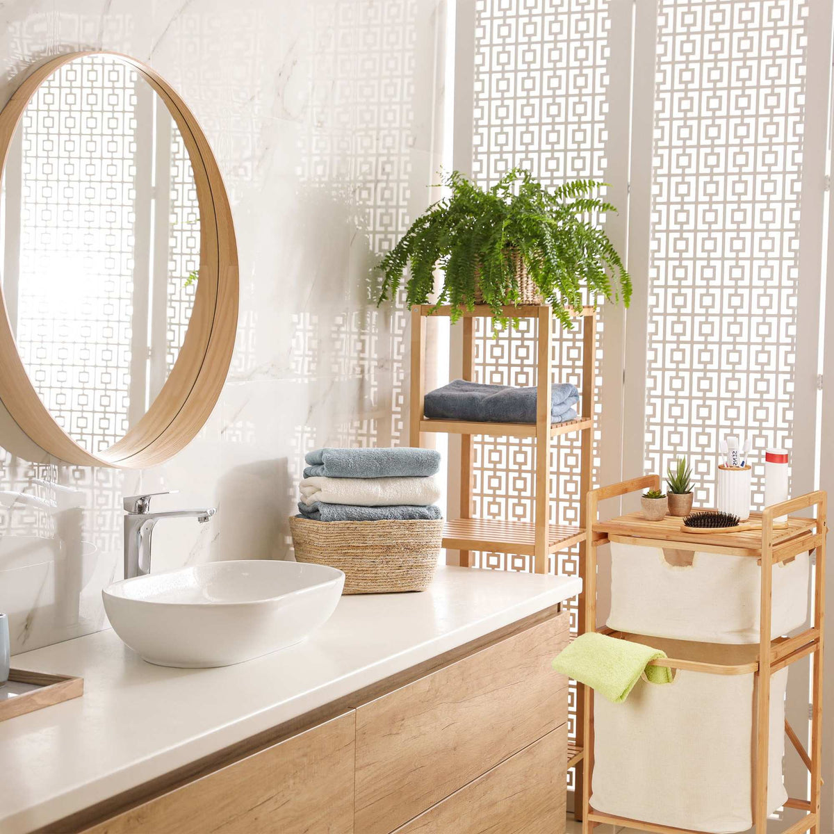 Bamboo laundry basket shelf with 2 shelves
