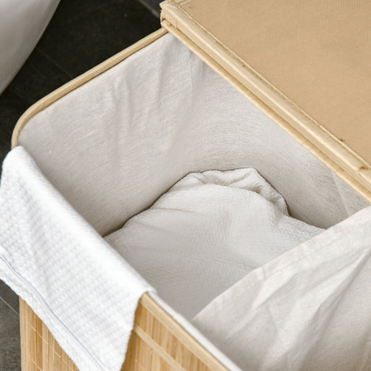 Bamboo laundry basket with lid and handles, 90 liter capacity with 2 sections and a removable fabric bag - 54.2 x 35.2 x 59.5 cm