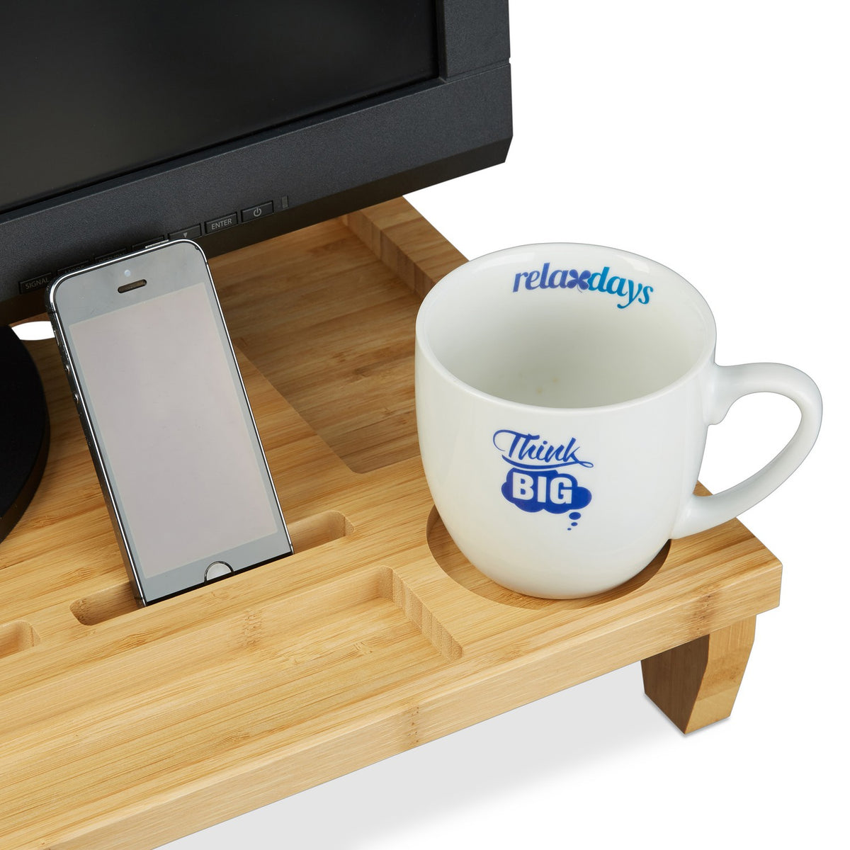Bamboo monitor stand with 8 compartments