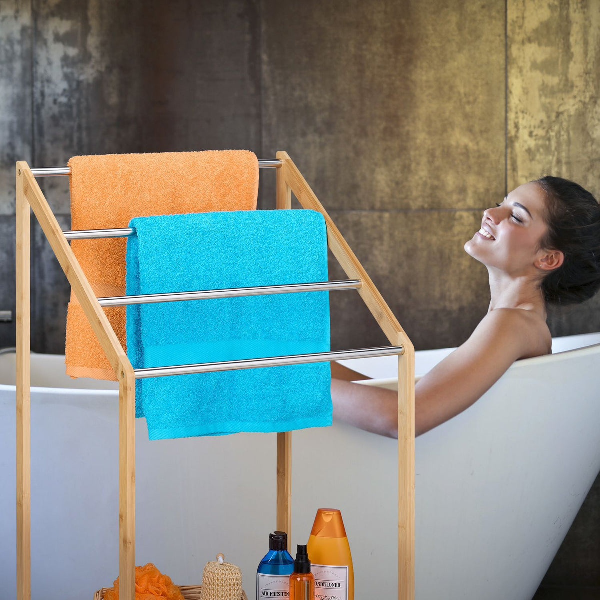 Bamboo towel rail with shelf