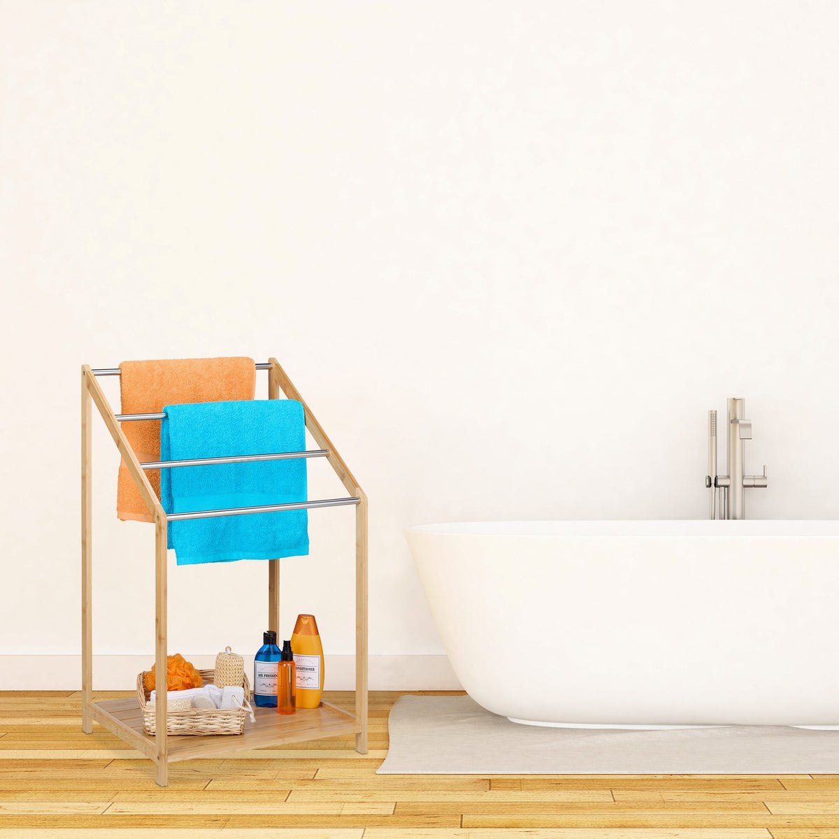 Bamboo towel rail with shelf