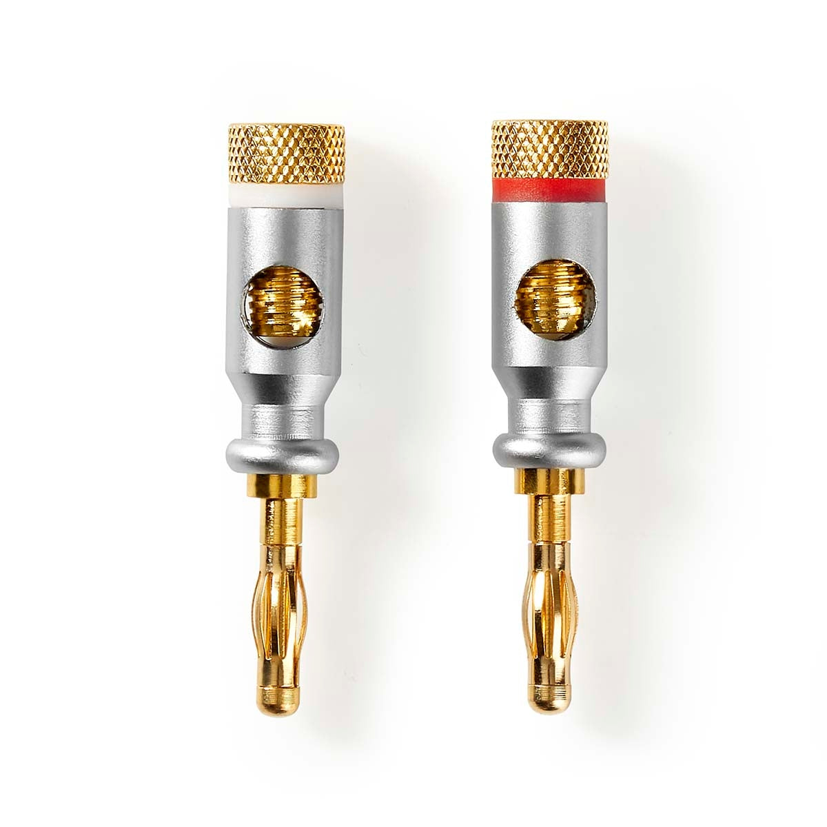 Banana Connector | Straight | Male | Gold Plated | Screw | Cable input diameter: 7.0 mm | Zinc Alloy | Silver | 2 pcs. | Box