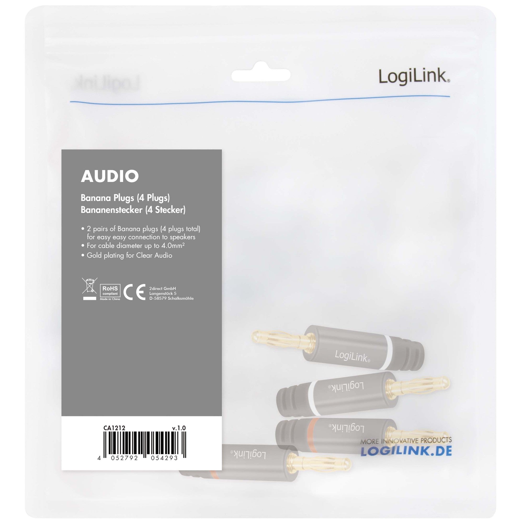 Banana Plugs 4-Pack, Gold-Plated, 4mm² Speaker Cable