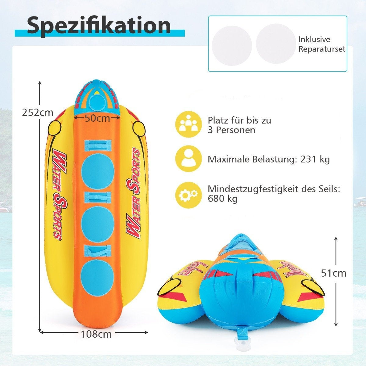 Banana boat for 3 people Towable tube with 3 EVA padded seats and handles 252 x 108 x 51 cm