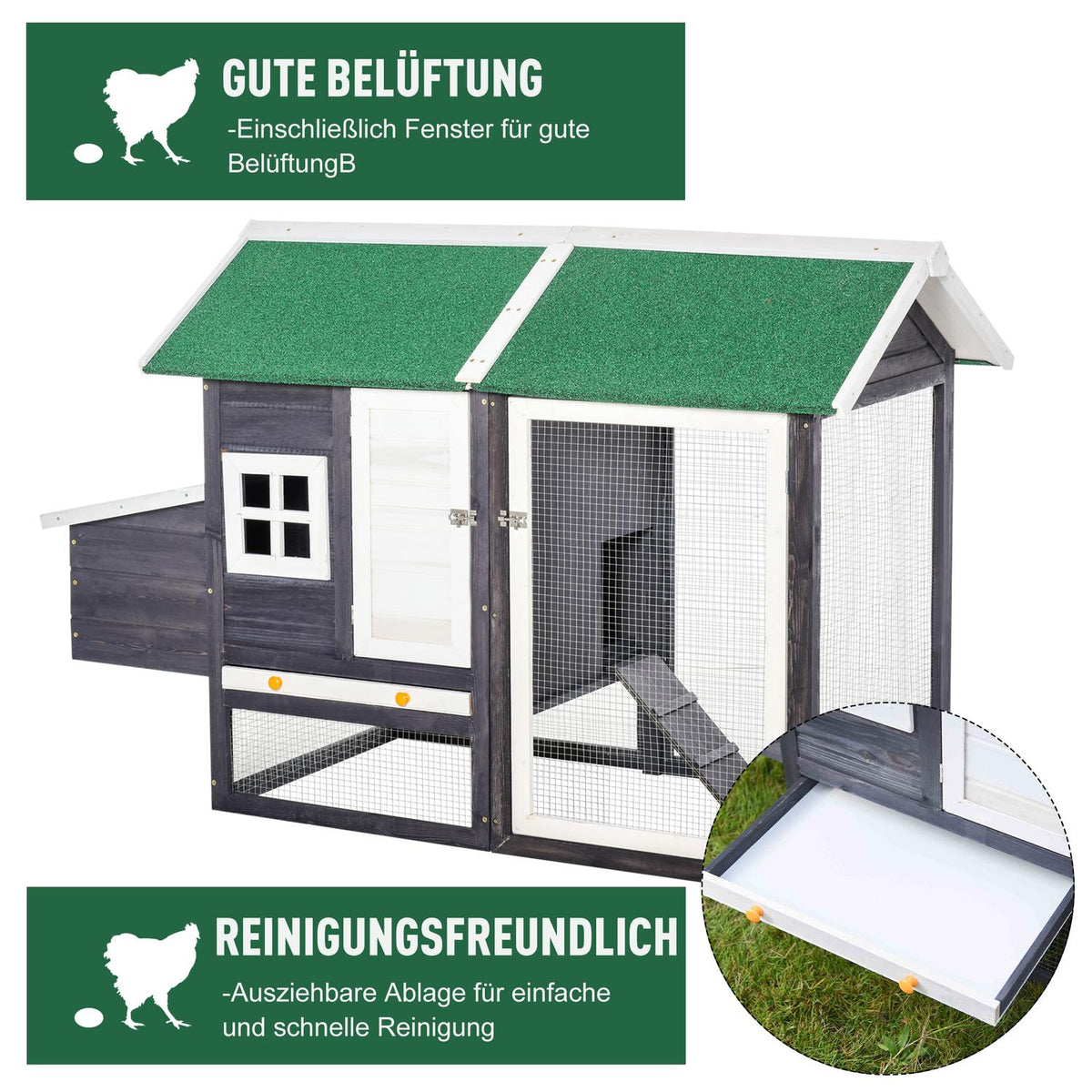 Bantam Chicken Coop Modern Poultry Coop With Nesting Box & Covered Playpen, Fir Wood & Metal Wire, Gray