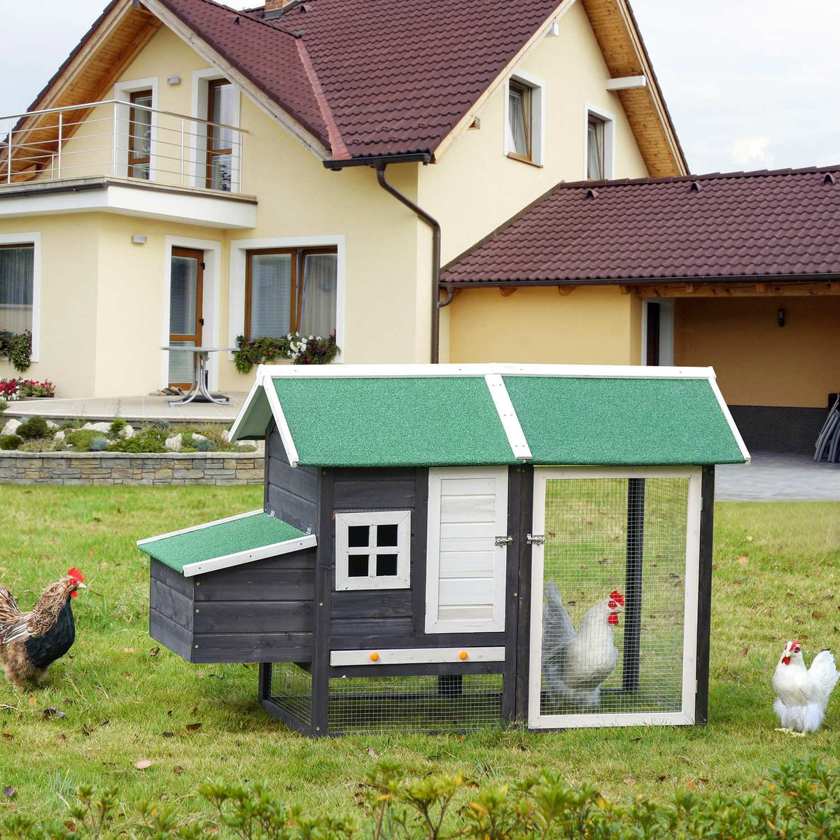 Bantam Chicken Coop Modern Poultry Coop With Nesting Box & Covered Playpen, Fir Wood & Metal Wire, Gray