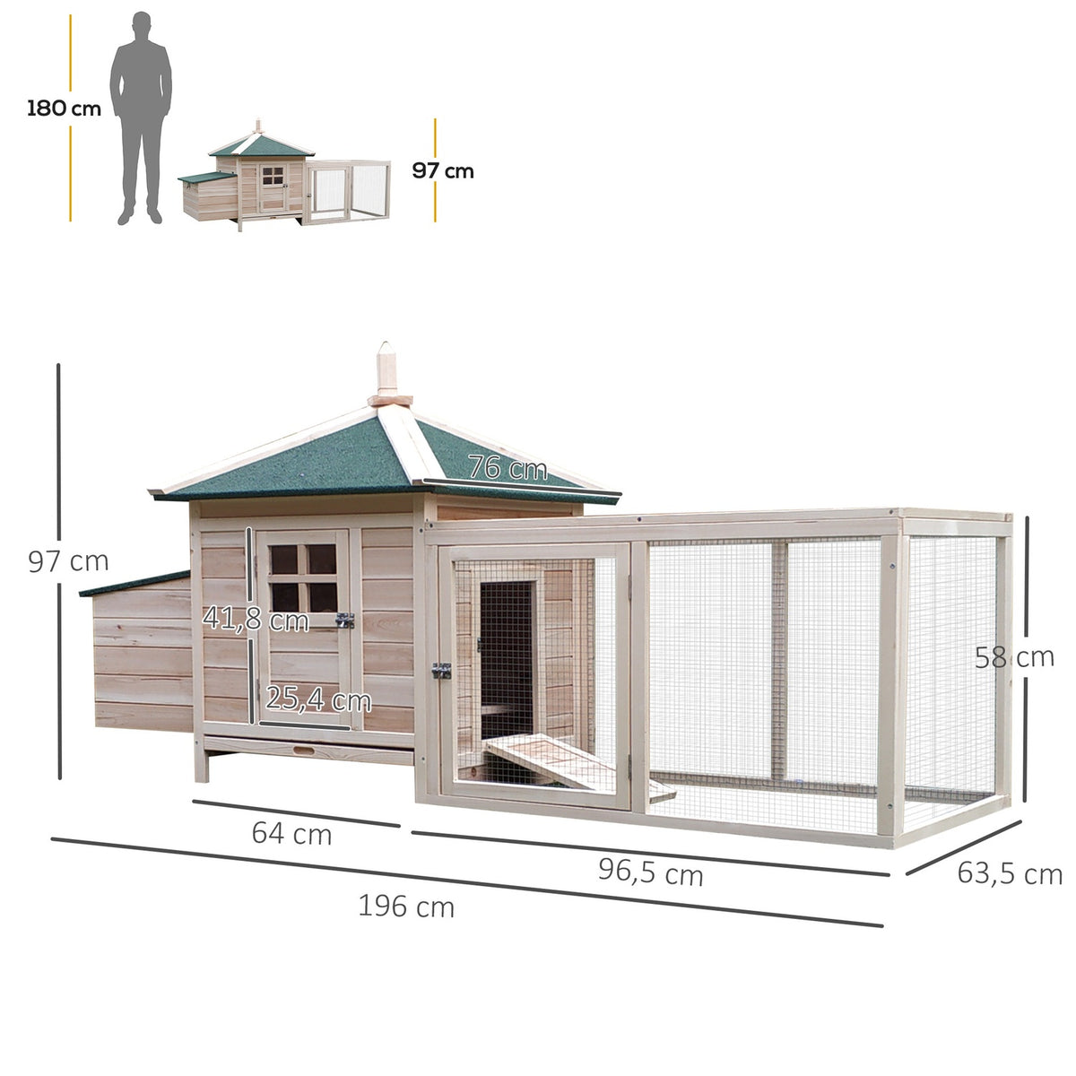 Bantam chicken coop with run and perches, winterproof chicken house made of pine wood, nesting box for quails, 196 x 76 x 97 cm