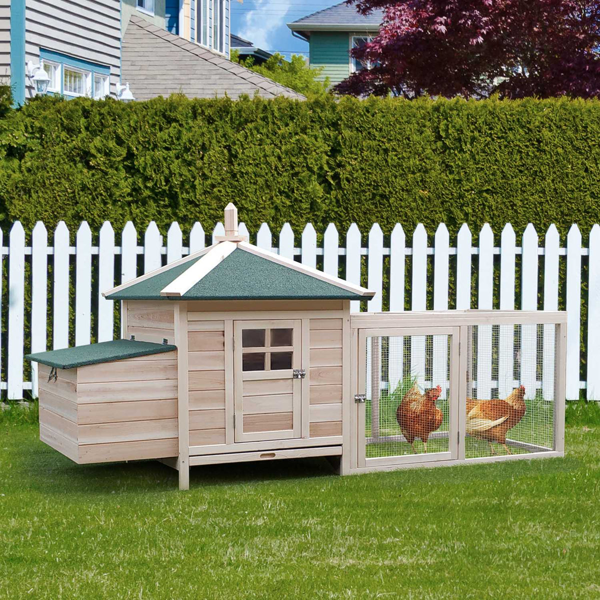 Bantam chicken coop with run and perches, winterproof chicken house made of pine wood, nesting box for quails, 196 x 76 x 97 cm