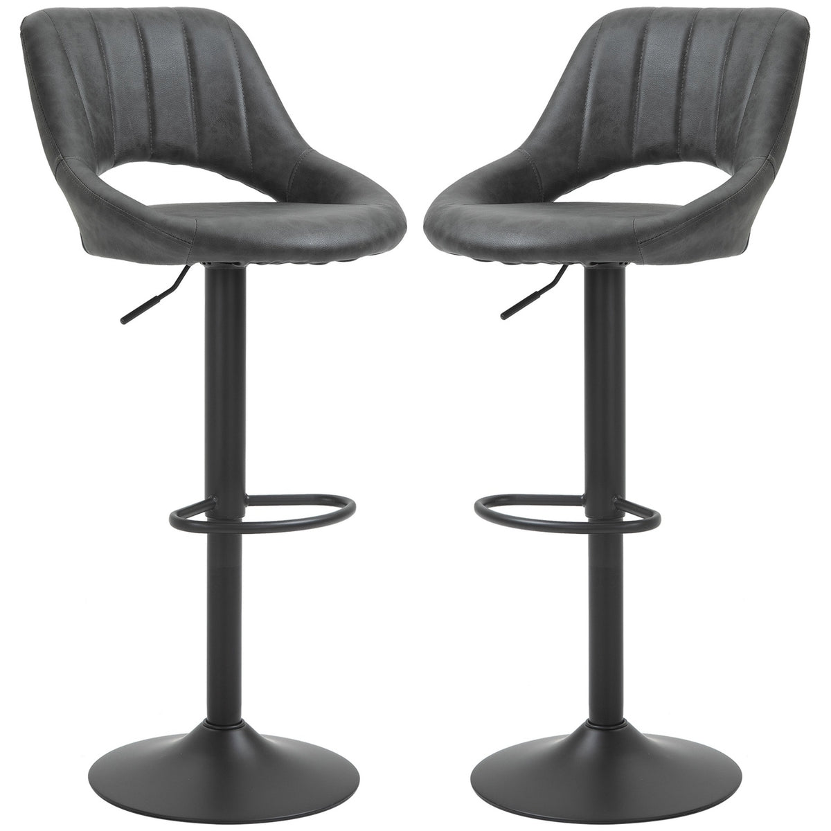 Bar Stool Set 2 Stools Kitchen Stool Leather Look Swivel Height Adjustable with Footrest Metal Frame 44 x 49 x 90-110 cm Gray