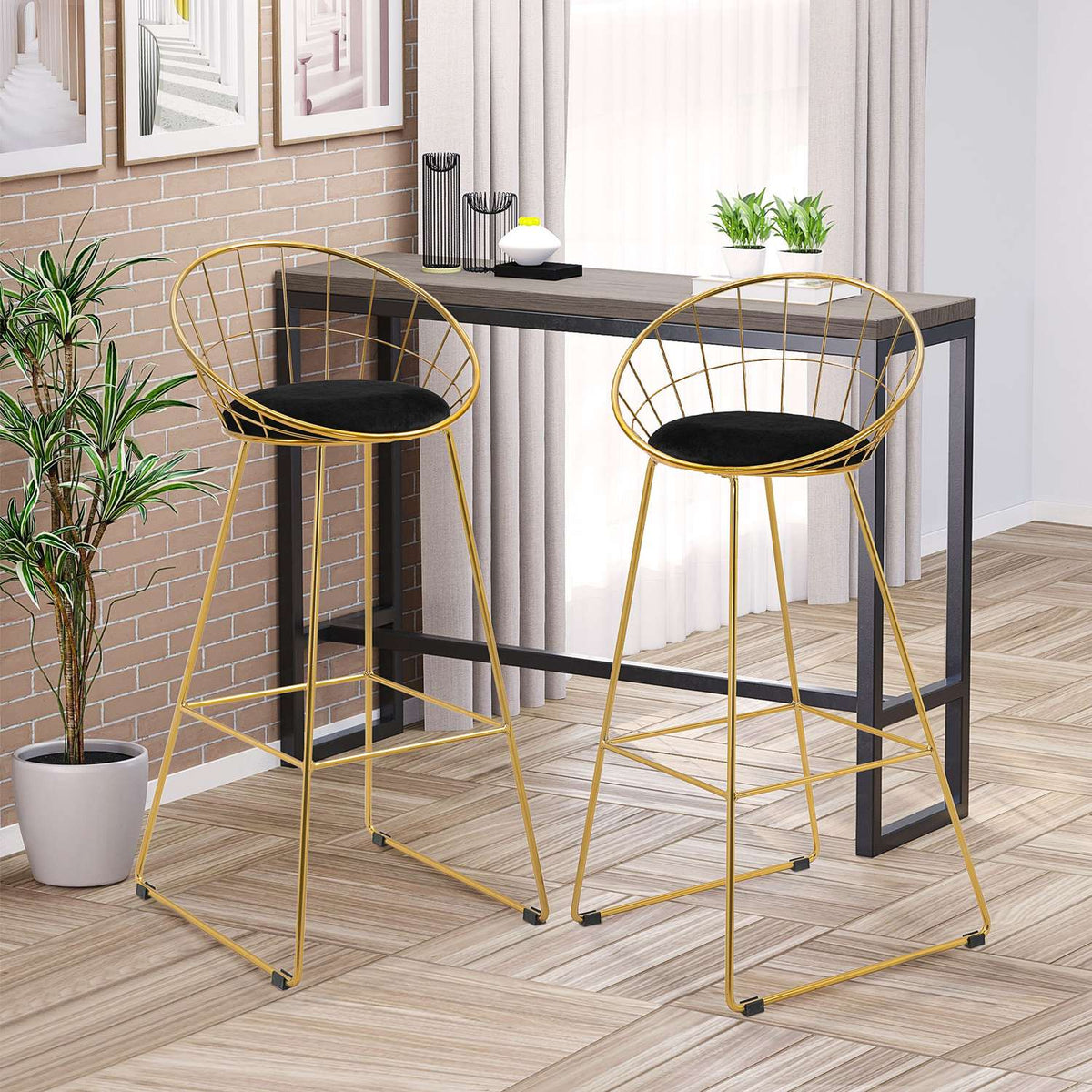Bar Stool Set Kitchen Stool With Backrest, Velvet Touch Polyester, Gold+Black, 52.5X47X97Cm