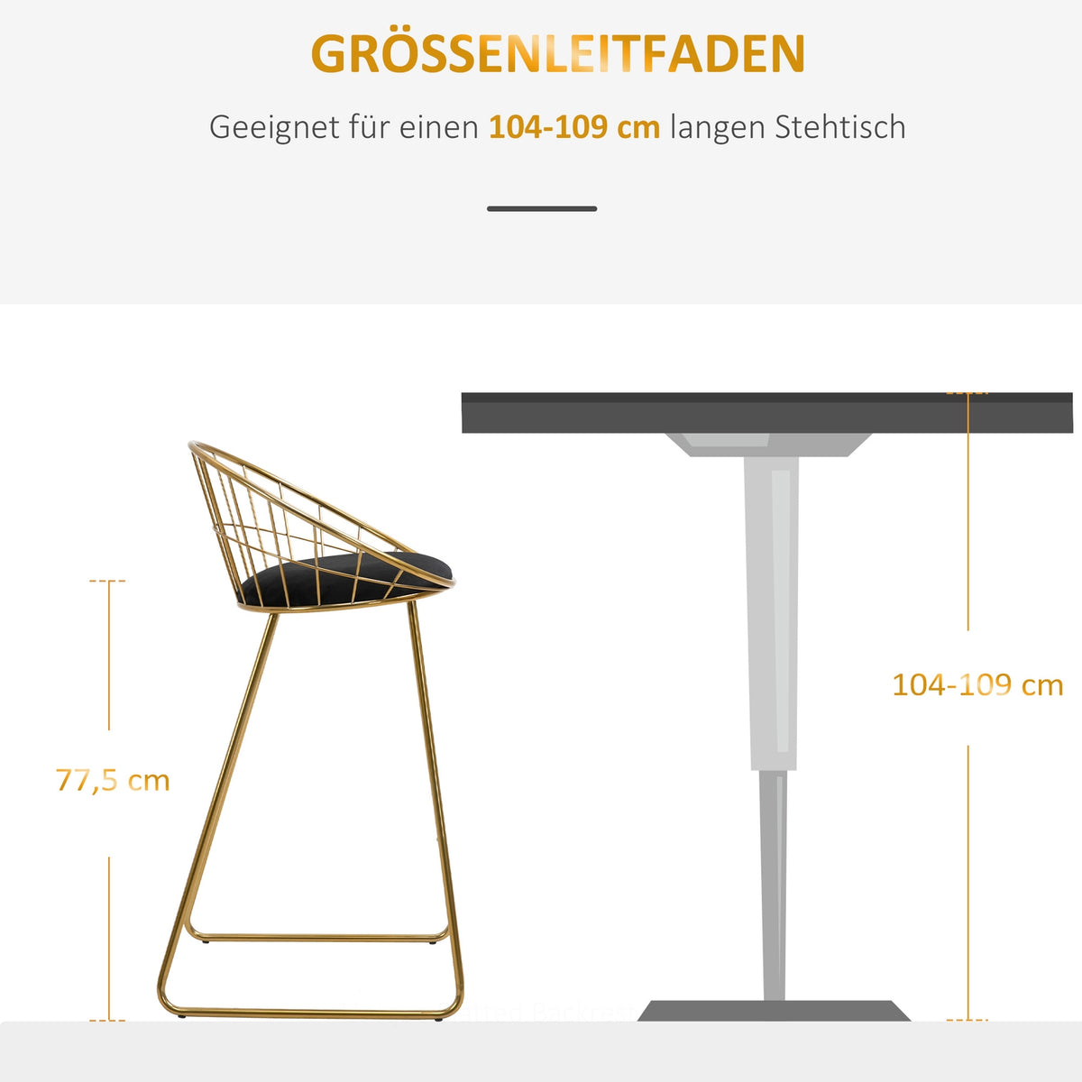 Bar Stool Set Kitchen Stool With Backrest, Velvet Touch Polyester, Gold+Black, 52.5X47X97Cm
