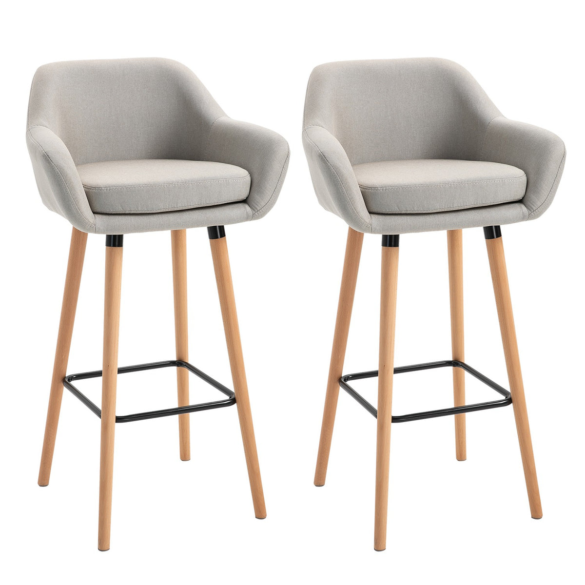 Bar Stool Set of 2 Comfortable Linen Bar Chair with Seat Cushion, Kitchen Stool, Bistro Stool with Footrests, Beech Wood Legs, Beige