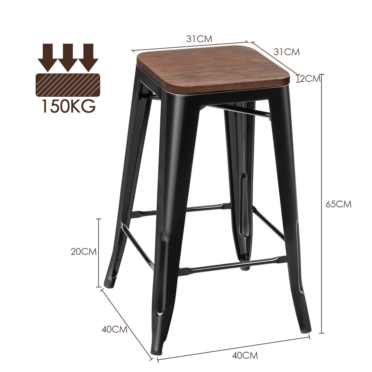 Bar Stool Set of 4, Elm Wood Seat, Iron Legs, 66 cm