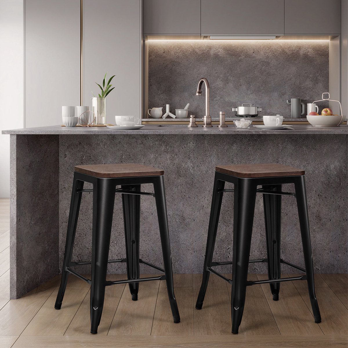 Bar Stool Set of 4, Elm Wood Seat, Iron Legs, 66 cm
