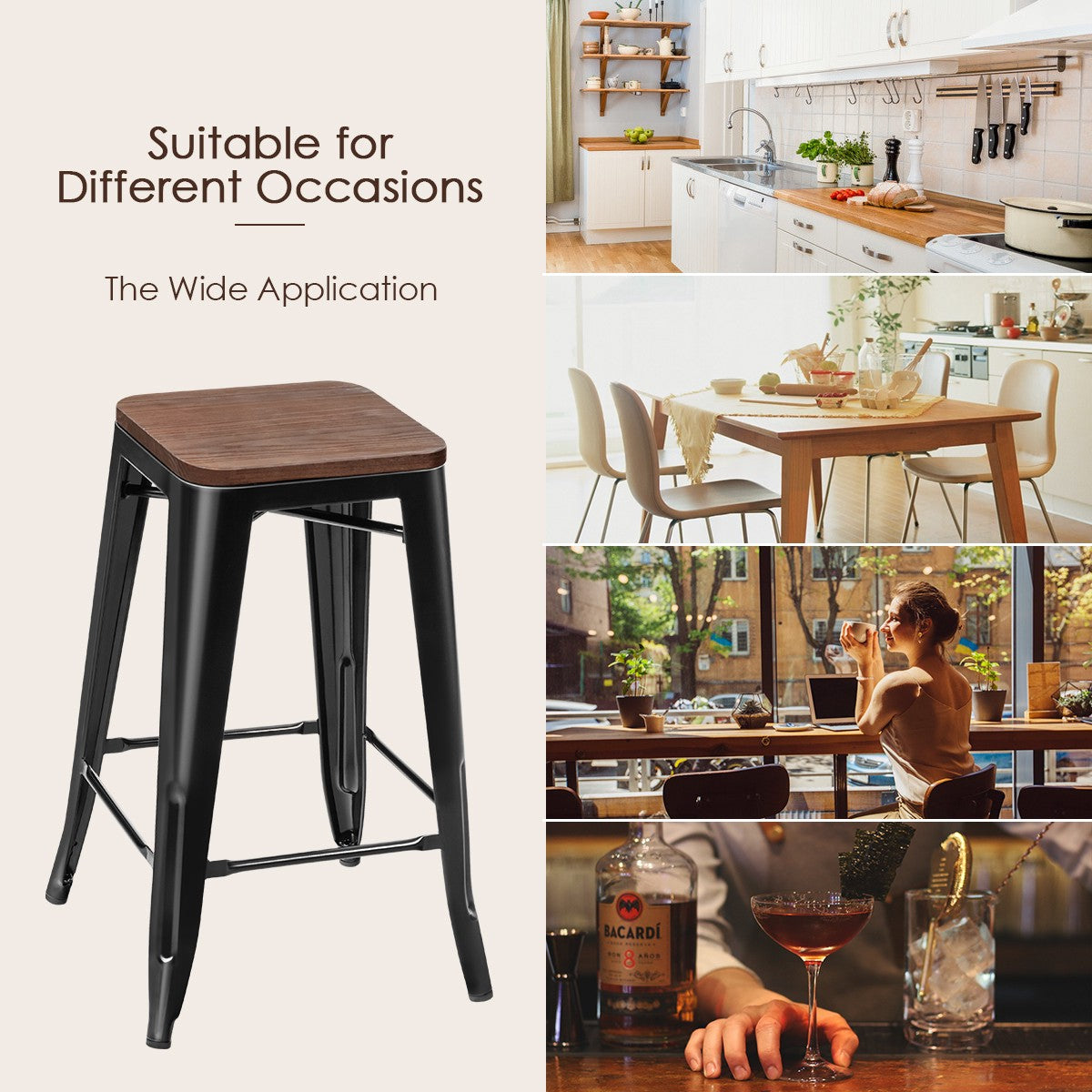 Bar Stool Set of 4, Elm Wood Seat, Iron Legs, 66 cm