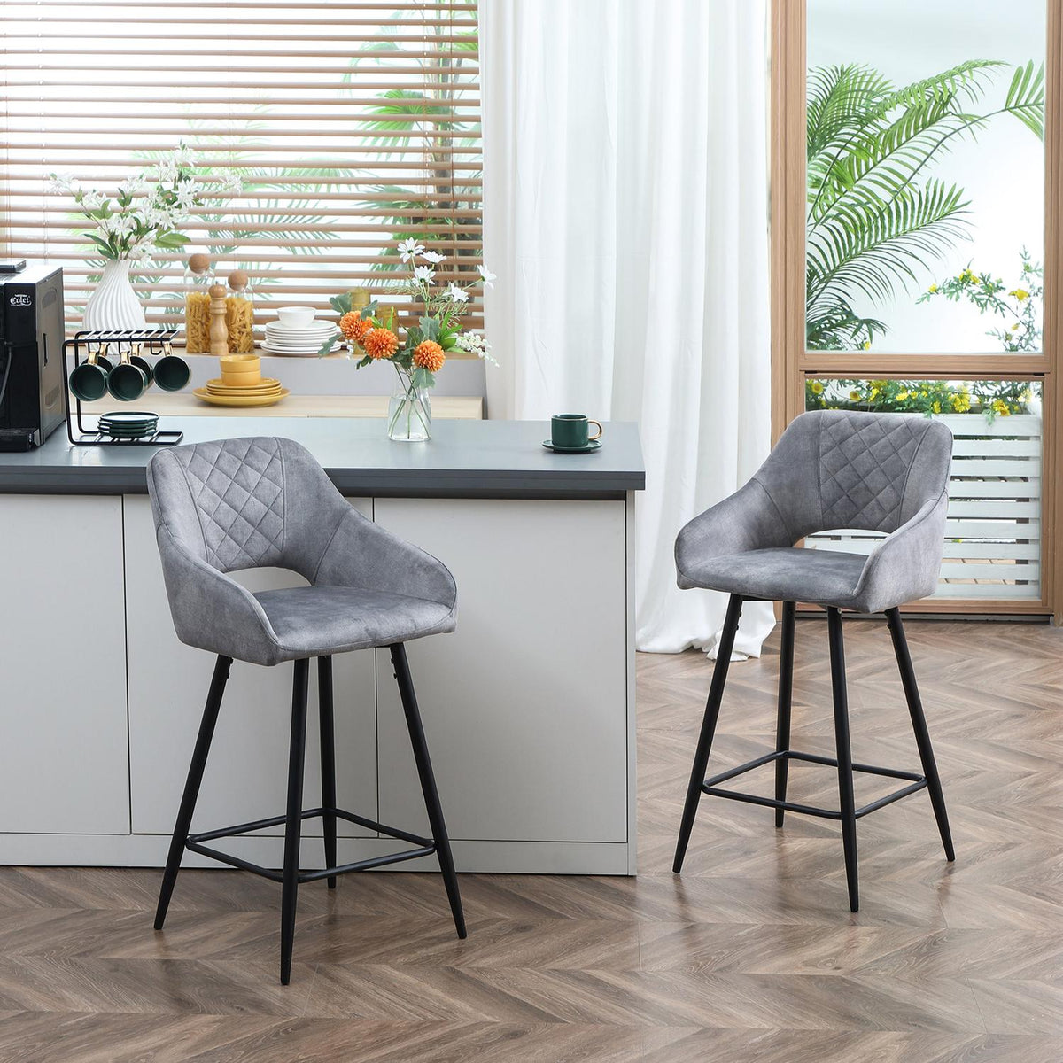 Bar Stools Set Of 2 Bar Chairs Bistro Stools With Footrest Velvet Look Kitchen Chair Counter Stool Seat Cover For Kitchen Islands Steel Gray 50 X 53 X 94 Cm