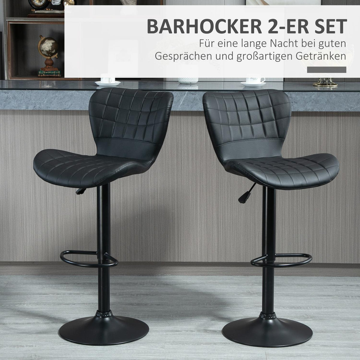 Bar Stools Set Of 2 Bar Stools, Counter Stools, Bistro Stools, Kitchen Stools, Swivel Chairs, Backrest, Pu Cover, Black