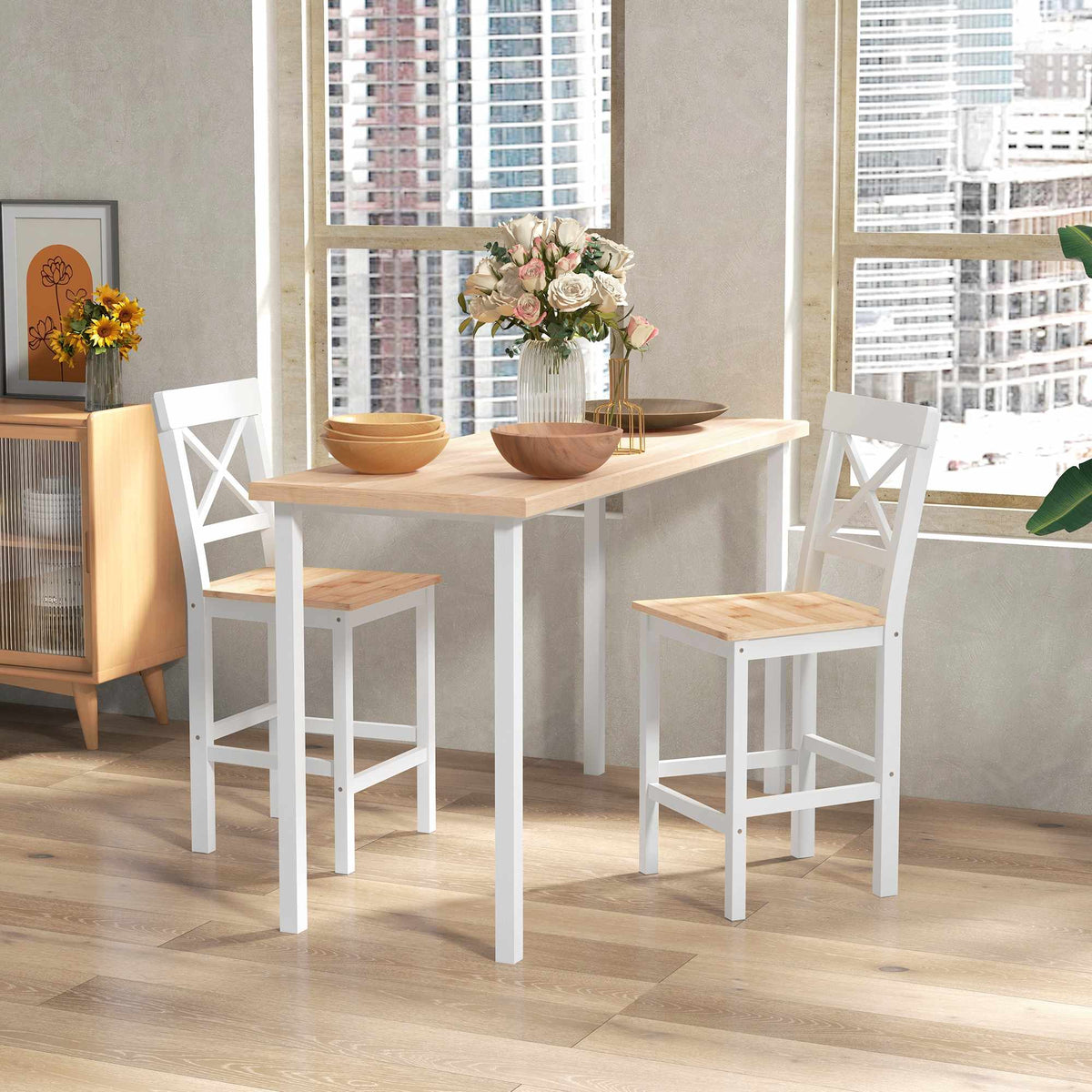 Bar Stools Set Of 2, Pine Wood, Backrest, Footrest