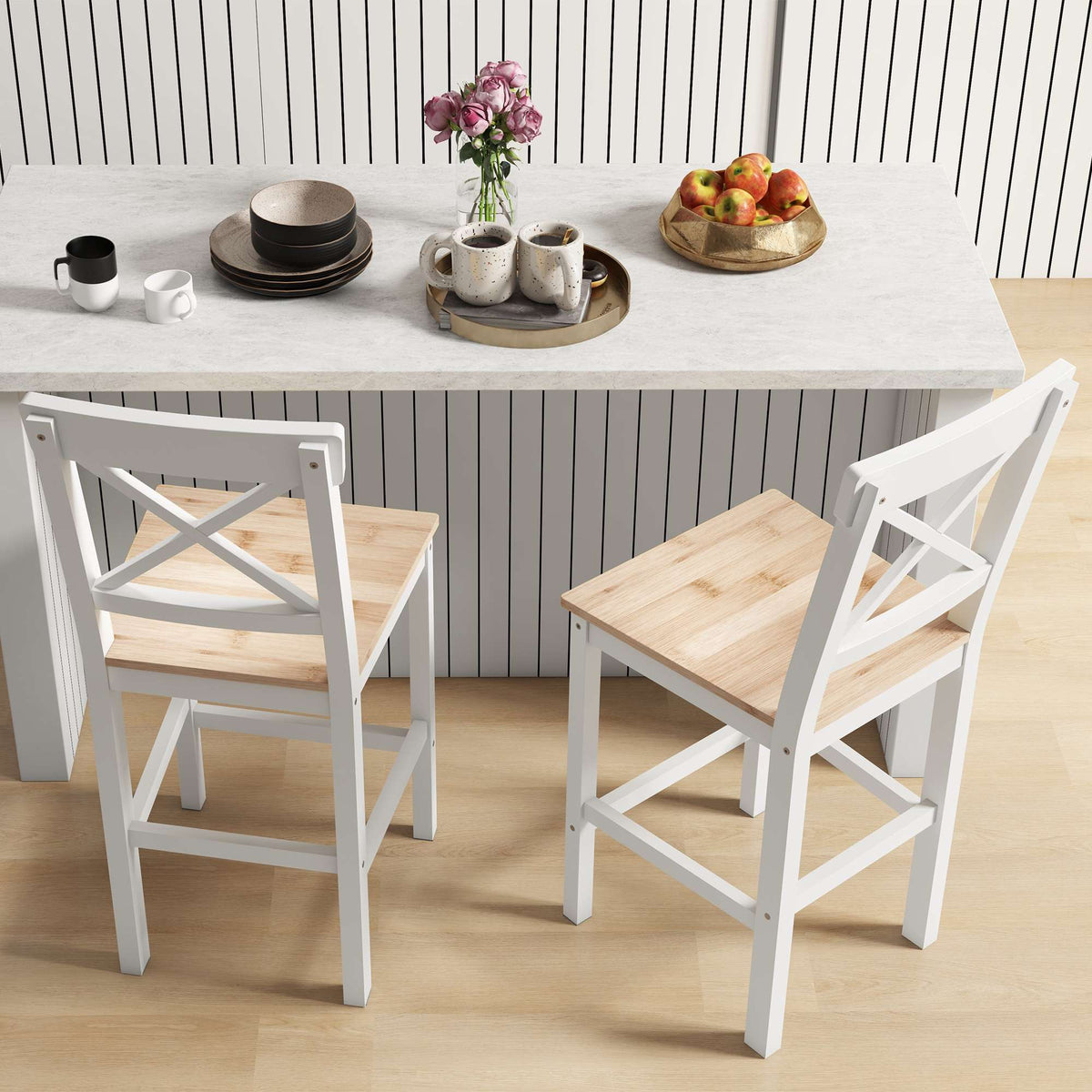 Bar Stools Set Of 2, Pine Wood, Backrest, Footrest