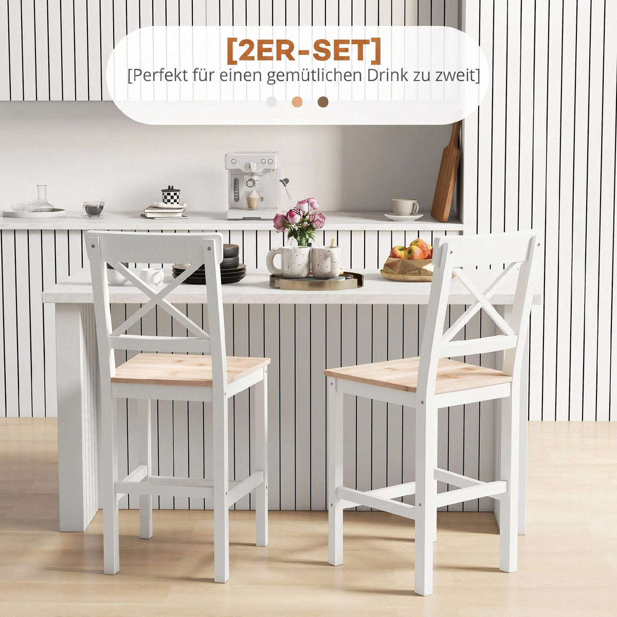 Bar Stools Set Of 2, Pine Wood, Backrest, Footrest